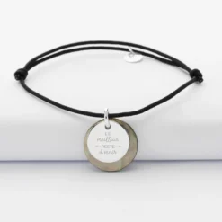 Hot HappyBulle Bracelet personnalisé breloque nacre noire 19 mm et médaille gravée argent 15 mm Argent rhodié 925
