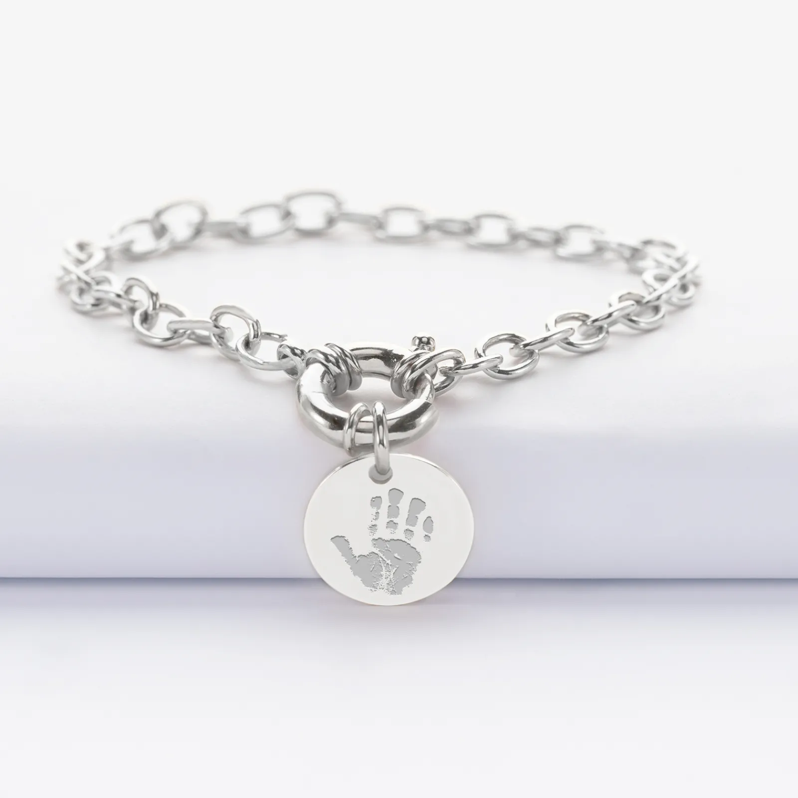 Hot HappyBulle Bracelet personnalisé chaine fermoir marin médaille gravée argent 15 mm Argent rhodié 925