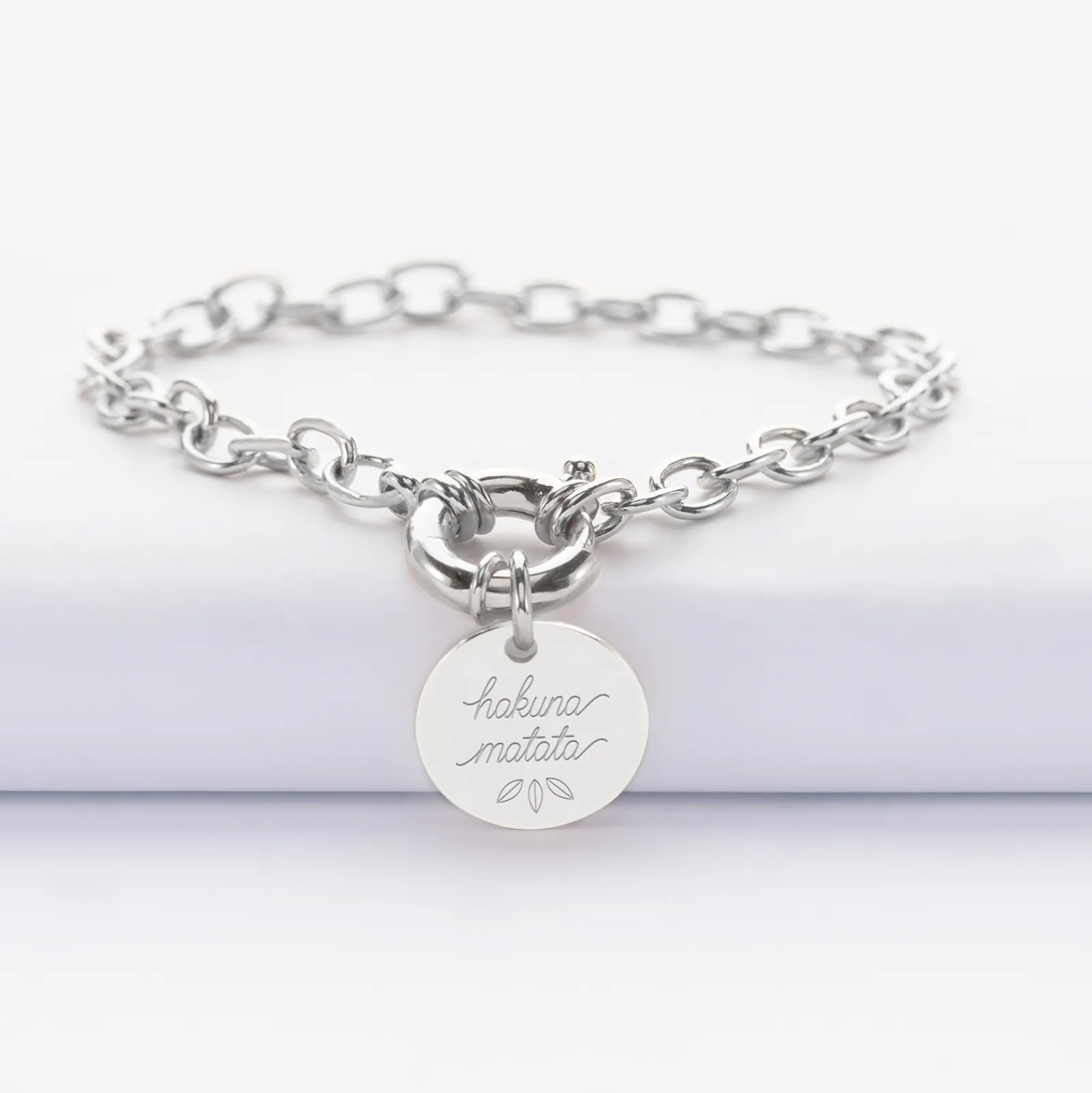 Hot HappyBulle Bracelet personnalisé chaine fermoir marin médaille gravée argent 15 mm Argent rhodié 925