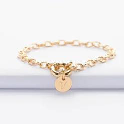 Sale HappyBulle Bracelet personnalisé chaine fermoir marin médaille gravée plaqué or 10 mm Plaqué or 18k
