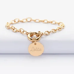 Sale HappyBulle Bracelet personnalisé chaine fermoir marin médaille gravée plaqué or 15 mm Plaqué or 18k
