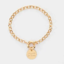 Sale HappyBulle Bracelet personnalisé chaine fermoir marin médaille gravée plaqué or 15 mm Plaqué or 18k