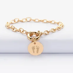Sale HappyBulle Bracelet personnalisé chaine fermoir marin médaille gravée plaqué or 15 mm Plaqué or 18k