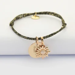 Hot HappyBulle Bracelet personnalisé cordon pailleté médaille gravée plaqué or 15 mm et breloque scintillant 13 mm Marguerite