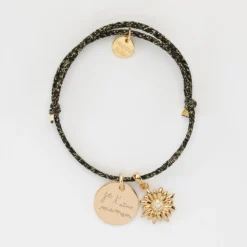 Hot HappyBulle Bracelet personnalisé cordon pailleté médaille gravée plaqué or 15 mm et breloque scintillant 13 mm Marguerite