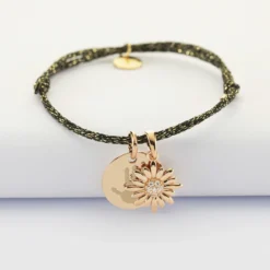 Hot HappyBulle Bracelet personnalisé cordon pailleté médaille gravée plaqué or 15 mm et breloque scintillant 13 mm Marguerite