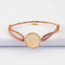 Discount HappyBulle Bracelet personnalisé cordon pailleté médaille contour fleur gravée plaqué or 2 trous 18 mm