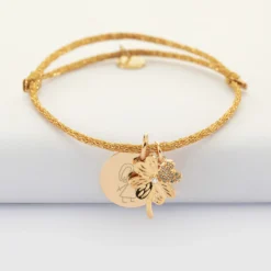 Sale HappyBulle Bracelet personnalisé cordon pailleté médaille gravée plaqué or 15 mm et breloque scintillant 15 mm Trèfle