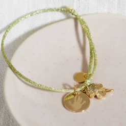 Sale HappyBulle Bracelet personnalisé cordon pailleté médaille gravée plaqué or 15 mm et breloque scintillant 15 mm Trèfle