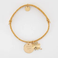 Sale HappyBulle Bracelet personnalisé cordon pailleté médaille gravée plaqué or 15 mm et breloque scintillant 15 mm Trèfle