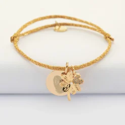 Sale HappyBulle Bracelet personnalisé cordon pailleté médaille gravée plaqué or 15 mm et breloque scintillant 15 mm Trèfle