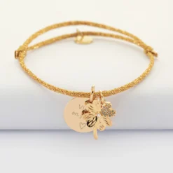 Sale HappyBulle Bracelet personnalisé cordon pailleté médaille gravée plaqué or 15 mm et breloque scintillant 15 mm Trèfle