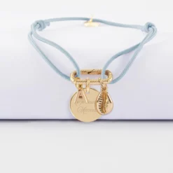 HappyBulle Bracelet personnalisé cordon mousqueton perle 17x11 mm médaille gravée plaqué or 15 mm et breloque(s) summer - à composer Plaqué or 18k
