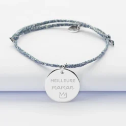 Best HappyBulle Bracelet personnalisé cordon pailleté médaille gravée argent 19 mm Argent rhodié 925