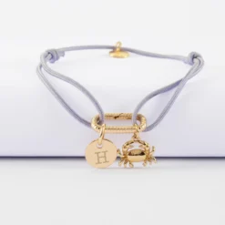New HappyBulle Bracelet personnalisé cordon mousqueton perle 17x11 mm médaille gravée plaqué or 10 mm et breloque(s) summer - à composer Plaqué or 18k