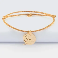Sale HappyBulle Bracelet personnalisé cordon pailleté médaille gravée plaqué or 15 mm et breloque colombe 18 mm Plaqué or 18k