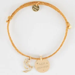 Sale HappyBulle Bracelet personnalisé cordon pailleté médaille gravée plaqué or 15 mm et breloque colombe 18 mm Plaqué or 18k