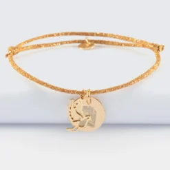 Sale HappyBulle Bracelet personnalisé cordon pailleté médaille gravée plaqué or 15 mm et breloque colombe 18 mm Plaqué or 18k