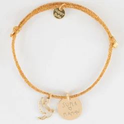 Sale HappyBulle Bracelet personnalisé cordon pailleté médaille gravée plaqué or 15 mm et breloque colombe 18 mm Plaqué or 18k