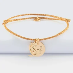 Sale HappyBulle Bracelet personnalisé cordon pailleté médaille gravée plaqué or 15 mm et breloque colombe 18 mm Plaqué or 18k