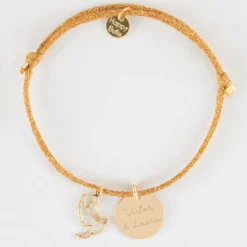 Sale HappyBulle Bracelet personnalisé cordon pailleté médaille gravée plaqué or 15 mm et breloque colombe 18 mm Plaqué or 18k