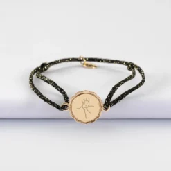 Best HappyBulle Bracelet personnalisé cordon pailleté médaille contour fleur gravée plaqué or 2 trous 15 mm