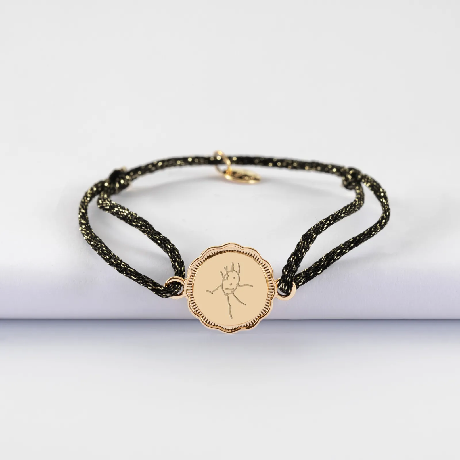 Best HappyBulle Bracelet personnalisé cordon pailleté médaille contour fleur gravée plaqué or 2 trous 15 mm