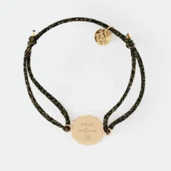 Best HappyBulle Bracelet personnalisé cordon pailleté médaille contour fleur gravée plaqué or 2 trous 15 mm
