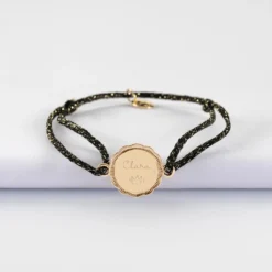 Best HappyBulle Bracelet personnalisé cordon pailleté médaille contour fleur gravée plaqué or 2 trous 15 mm