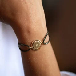 Discount HappyBulle Bracelet personnalisé cordon pailleté médaille réversible Eternelle gravée plaqué or 2 trous 16 mm - x Capucine Plaqué or 18k