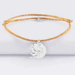 Outlet HappyBulle Bracelet personnalisé cordon pailleté médaille gravée argent 15 mm et breloque colombe 18 mm Argent rhodié 925