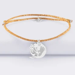 Outlet HappyBulle Bracelet personnalisé cordon pailleté médaille gravée argent 15 mm et breloque colombe 18 mm Argent rhodié 925