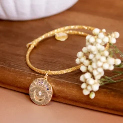 Discount HappyBulle Bracelet personnalisé cordon pailleté médaille Lune zircons crépuscule gravée plaqué or 16 mm Plaqué or 18k