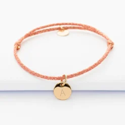 HappyBulle Bracelet personnalisé cordon pailleté médaille gravée plaqué or initiale 10 mm Plaqué or 18k