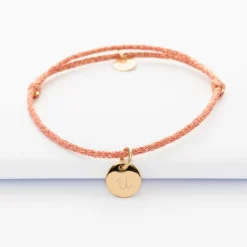 HappyBulle Bracelet personnalisé cordon pailleté médaille gravée plaqué or initiale 10 mm Plaqué or 18k