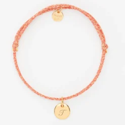 HappyBulle Bracelet personnalisé cordon pailleté médaille gravée plaqué or initiale 10 mm Plaqué or 18k
