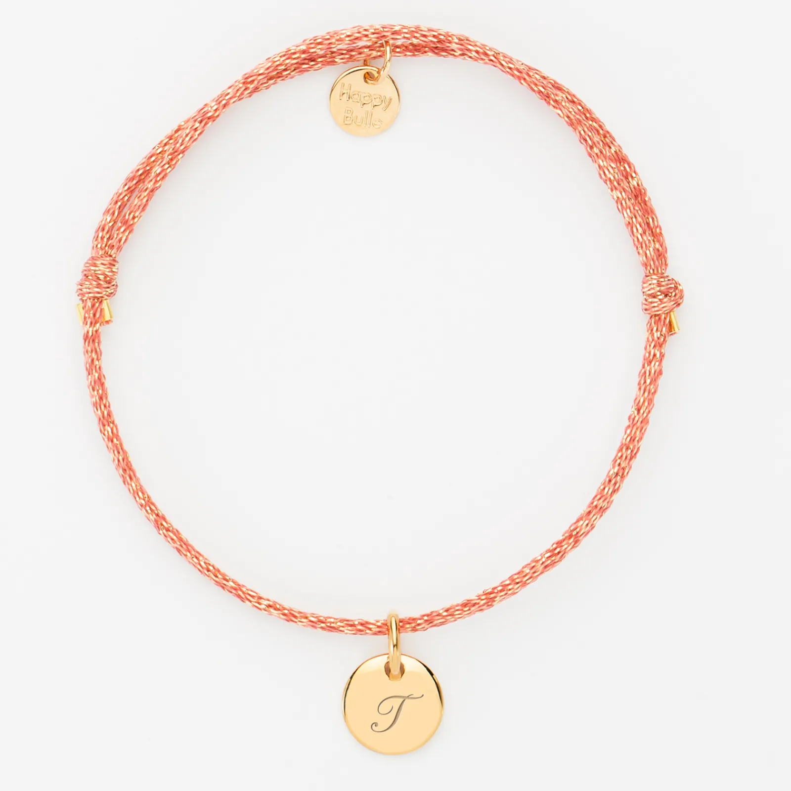 HappyBulle Bracelet personnalisé cordon pailleté médaille gravée plaqué or initiale 10 mm Plaqué or 18k