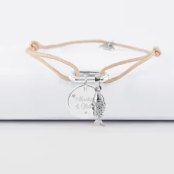 New HappyBulle Bracelet personnalisé cordon mousqueton 17x11 mm médaille gravée argent 15 mm et breloque(s) summer - à composer Argent rhodié 925