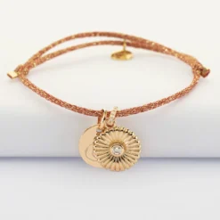 HappyBulle Bracelet personnalisé cordon pailleté médaille gravée plaqué or 15 mm et breloque scintillant 14 mm Tournesol