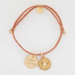 HappyBulle Bracelet personnalisé cordon pailleté médaille gravée plaqué or 15 mm et breloque scintillant 14 mm Tournesol