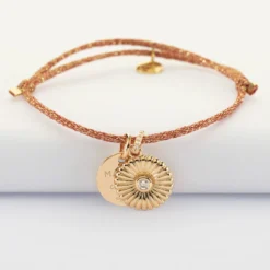 HappyBulle Bracelet personnalisé cordon pailleté médaille gravée plaqué or 15 mm et breloque scintillant 14 mm Tournesol