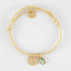 HappyBulle Bracelet personnalisé cordon pailleté médaille gravée plaqué or 10 mm et breloque rectangle zircon plaqué or 9 mm