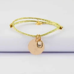 Clearance HappyBulle Bracelet personnalisé cordon pailleté médaille gravée plaqué or 15 mm et breloque rectangle zircon plaqué or 9 mm