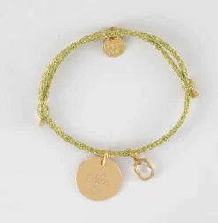 Clearance HappyBulle Bracelet personnalisé cordon pailleté médaille gravée plaqué or 15 mm et breloque rectangle zircon plaqué or 9 mm