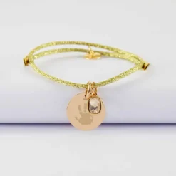 Clearance HappyBulle Bracelet personnalisé cordon pailleté médaille gravée plaqué or 15 mm et breloque rectangle zircon plaqué or 9 mm