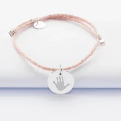 Outlet HappyBulle Bracelet personnalisé cordon pailleté médaille gravée argent 15 mm Argent rhodié 925