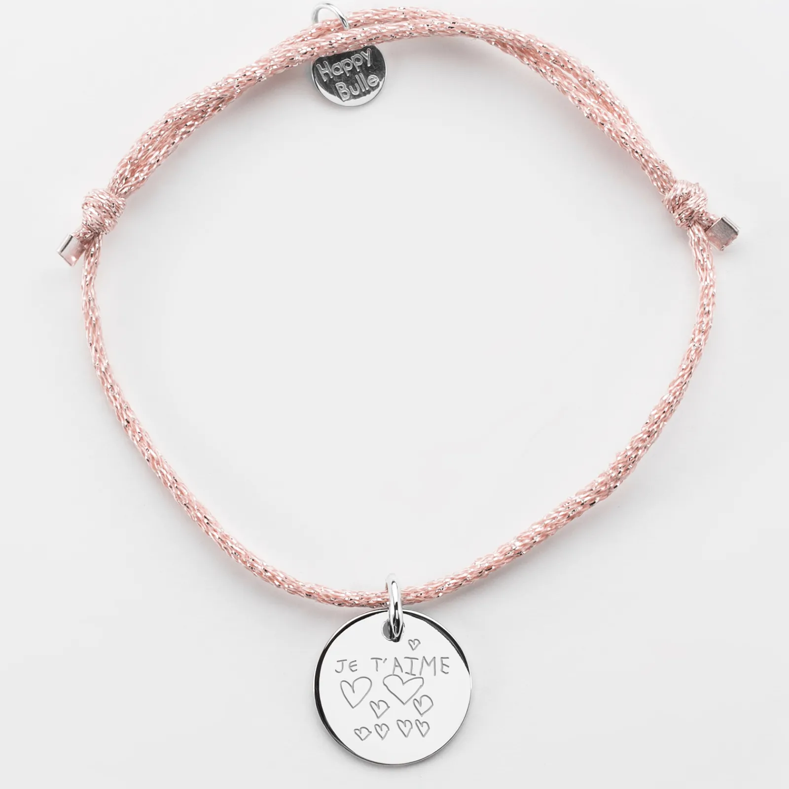 Outlet HappyBulle Bracelet personnalisé cordon pailleté médaille gravée argent 15 mm Argent rhodié 925