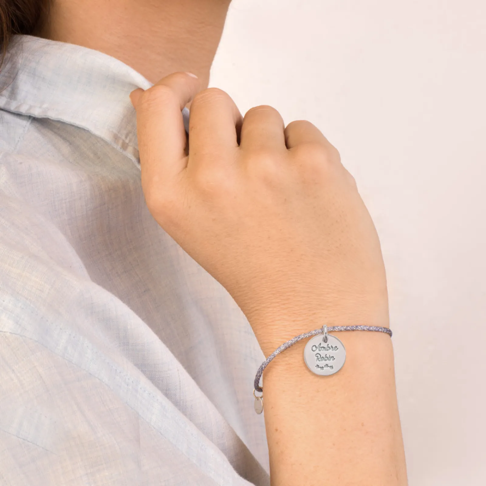 Outlet HappyBulle Bracelet personnalisé cordon pailleté médaille gravée argent 15 mm Argent rhodié 925