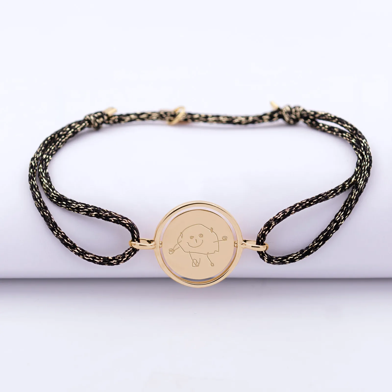 Hot HappyBulle Bracelet personnalisé cordon pailleté médaille réversible Eternelle gravée plaqué or 2 trous 16 mm Plaqué or 18k
