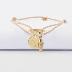 Outlet HappyBulle Bracelet personnalisé cordon mousqueton 17x11 mm médaille gravée plaqué or 15 mm et breloque(s) summer - à composer Plaqué or 18k